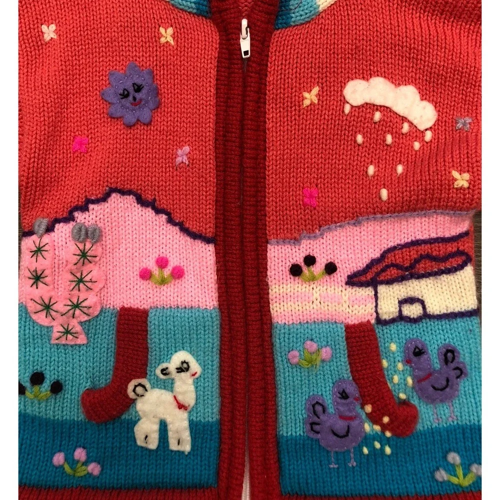 Peruvian Sweater Hoodie Girls 3-4 Pink Alpaca Chickens Birds Sun Flowers *hole